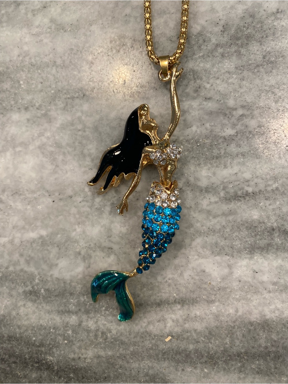 Crystal Bling Gold-Tone Blue & Black Mermaid Pendant Necklace